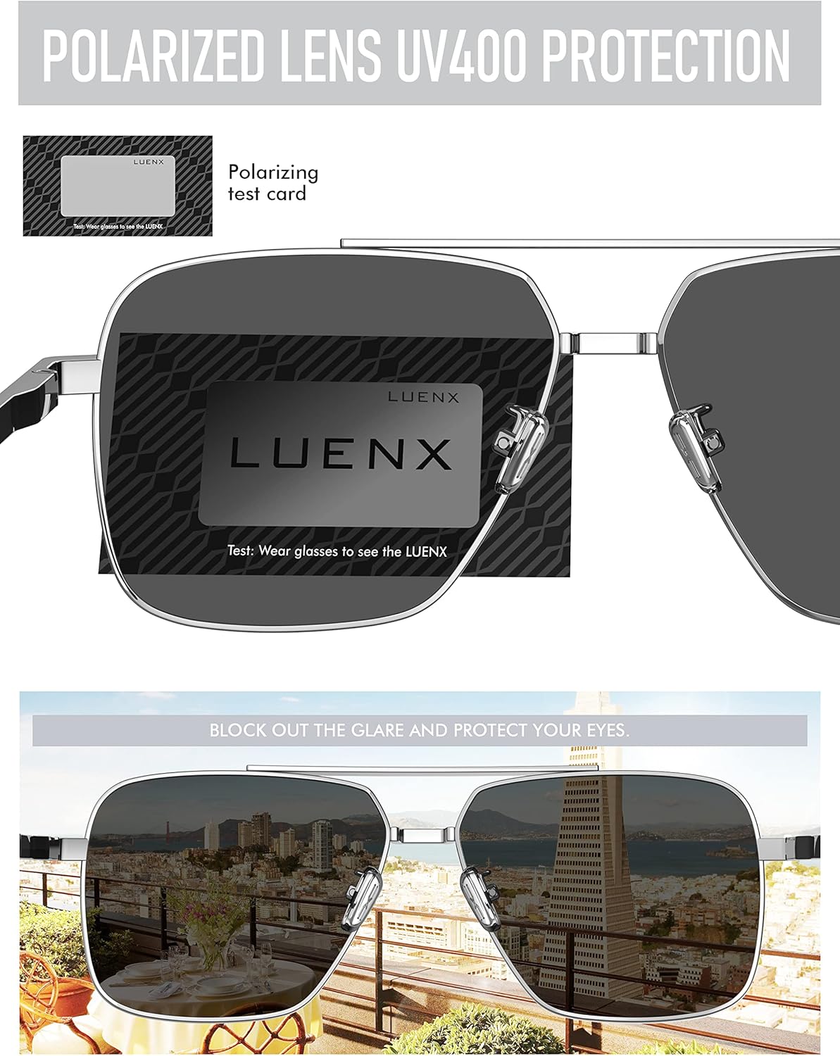 LUENX Aviator Sunglasses for Men, Trendy Retro Oversized Rectangular Frame UV400 Protection - Image 5