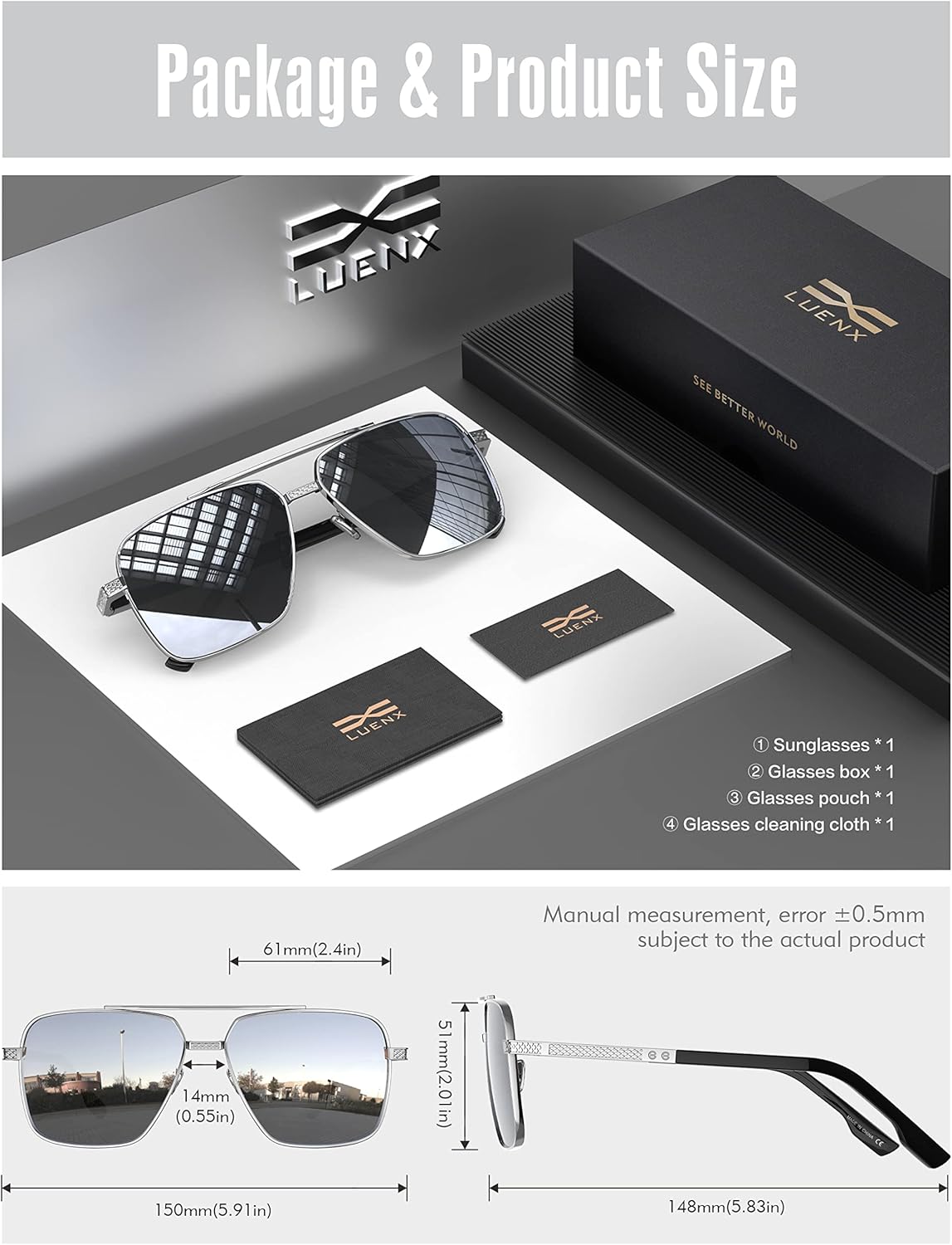 LUENX Aviator Sunglasses for Men, Trendy Retro Oversized Rectangular Frame UV400 Protection - Image 6