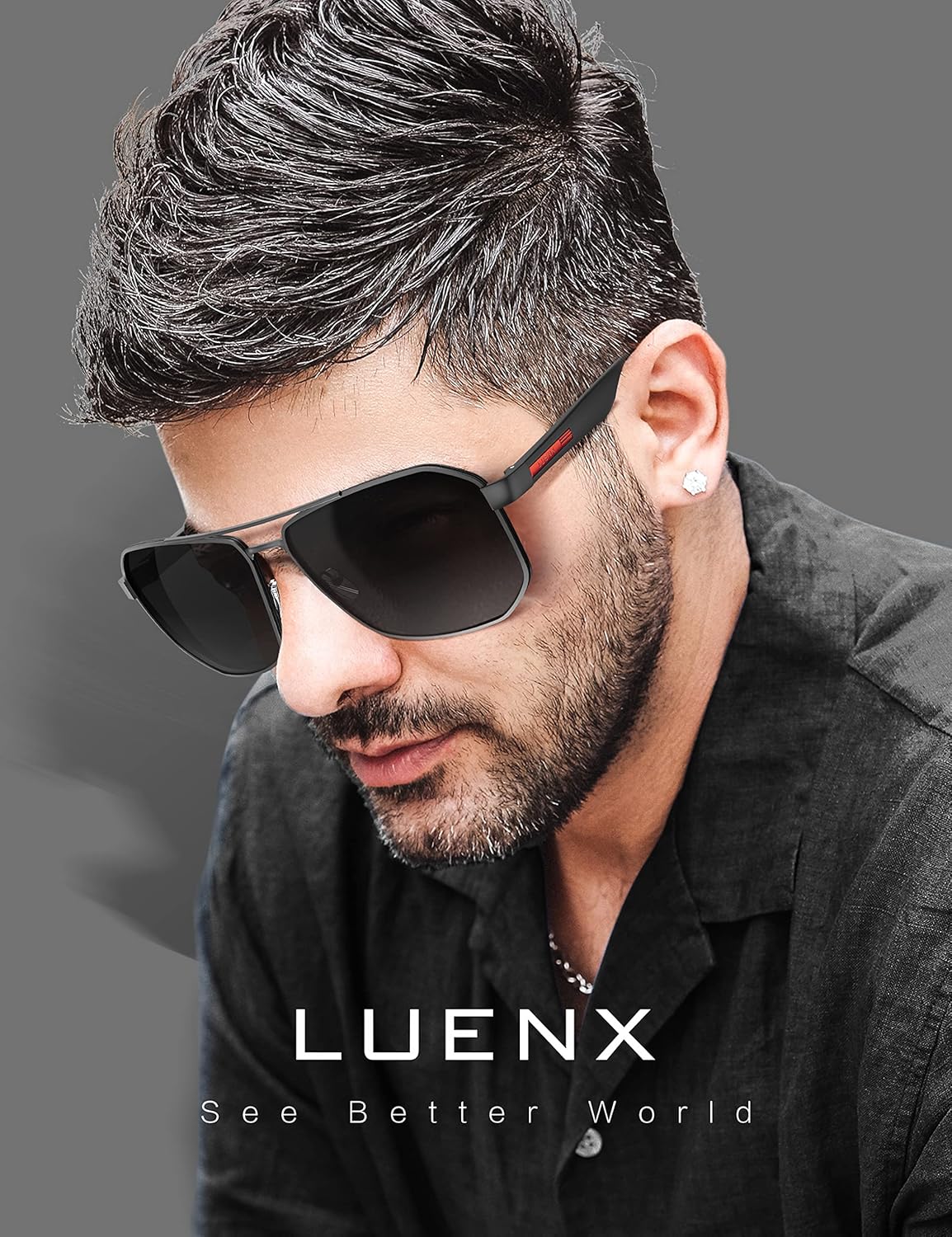 LUENX Aviator Sunglasses for Men Square Polarized Polygon Lens - UV 400 Protection with Accessories - Image 2