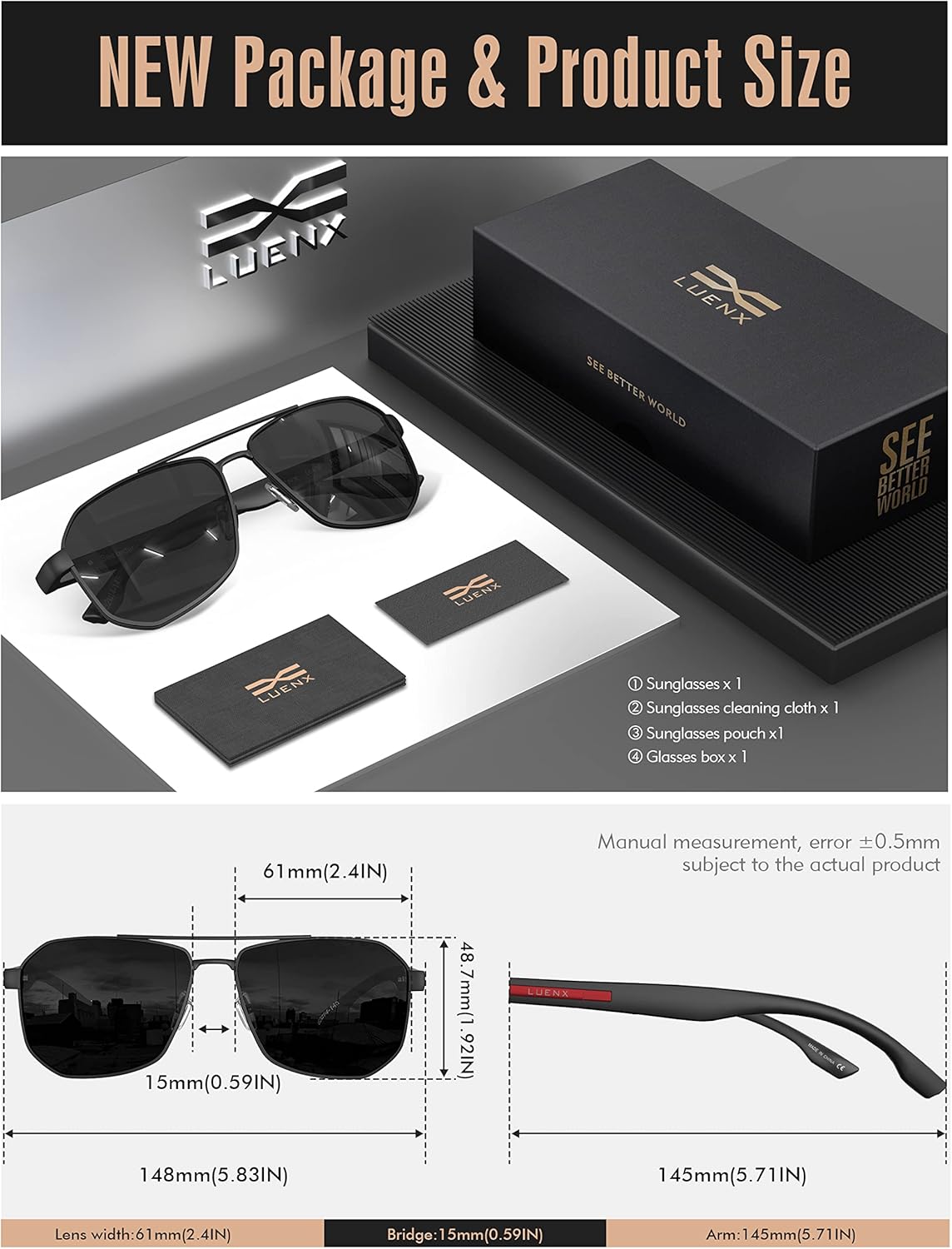 LUENX Aviator Sunglasses for Men Square Polarized Polygon Lens - UV 400 Protection with Accessories - Image 6