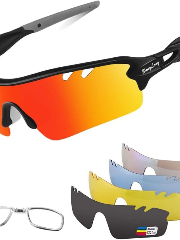 Polarized Sports Sunglasses Cycling Sun Glasses for Men Women with 5 Interchangeable Lenes for Running Baseball Golf Driving