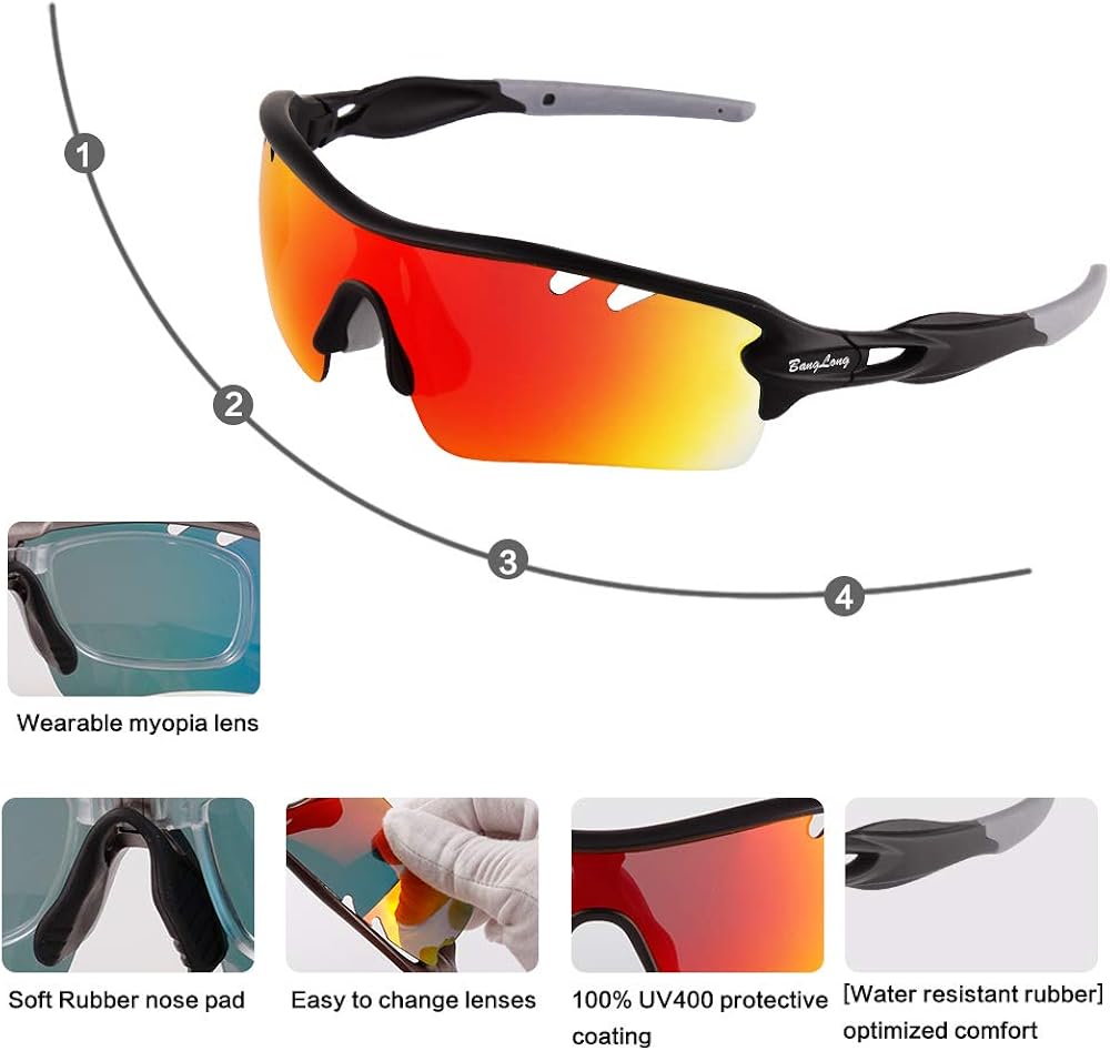 Polarized Sports Sunglasses Cycling Sun Glasses for Men Women with 5 Interchangeable Lenes for Running Baseball Golf Driving - Image 2