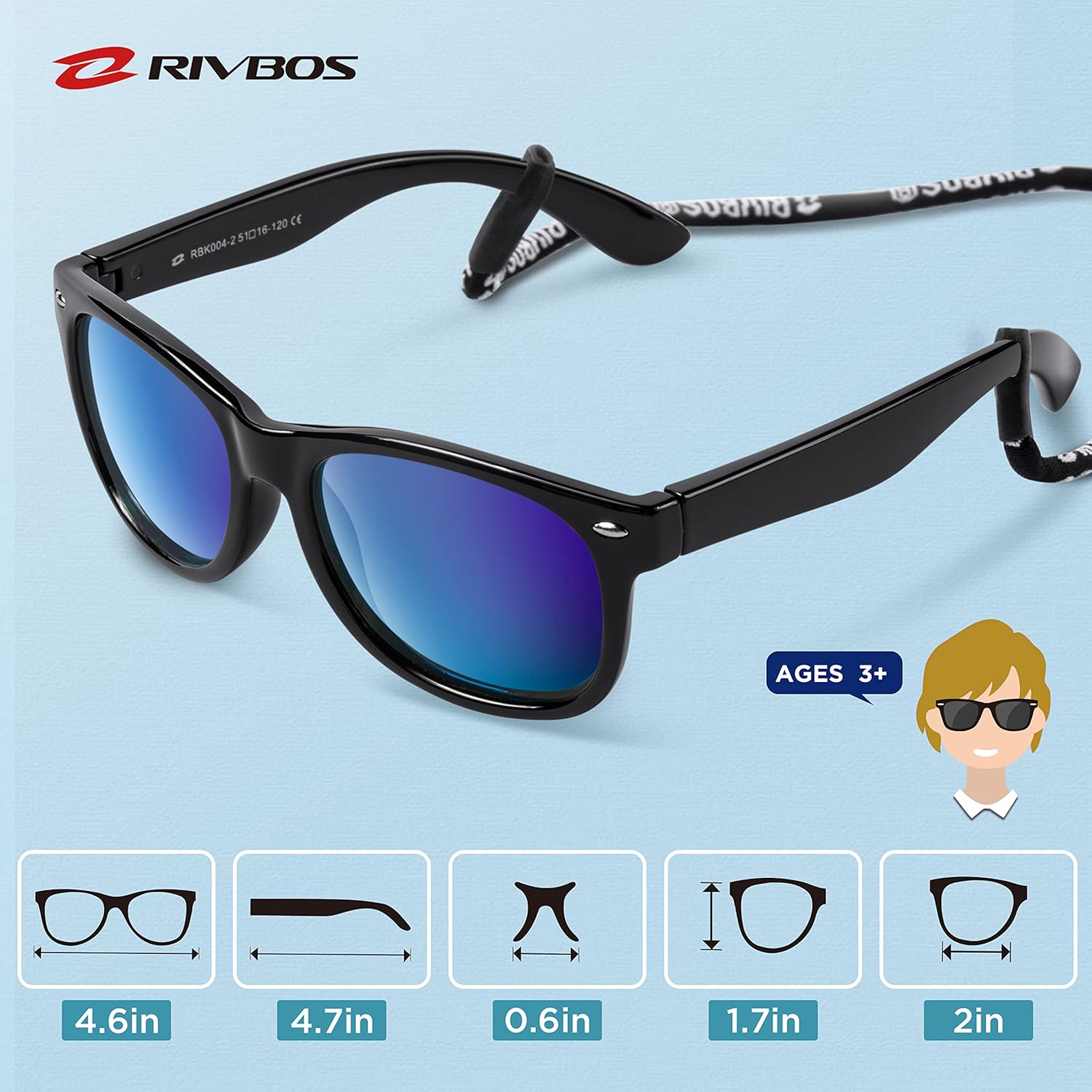 RIVBOS Kids Sunglasses Polarized UV Protection Flexible Rubber Glasses Shades with Strap for Boys Girls RBK004 - Image 5