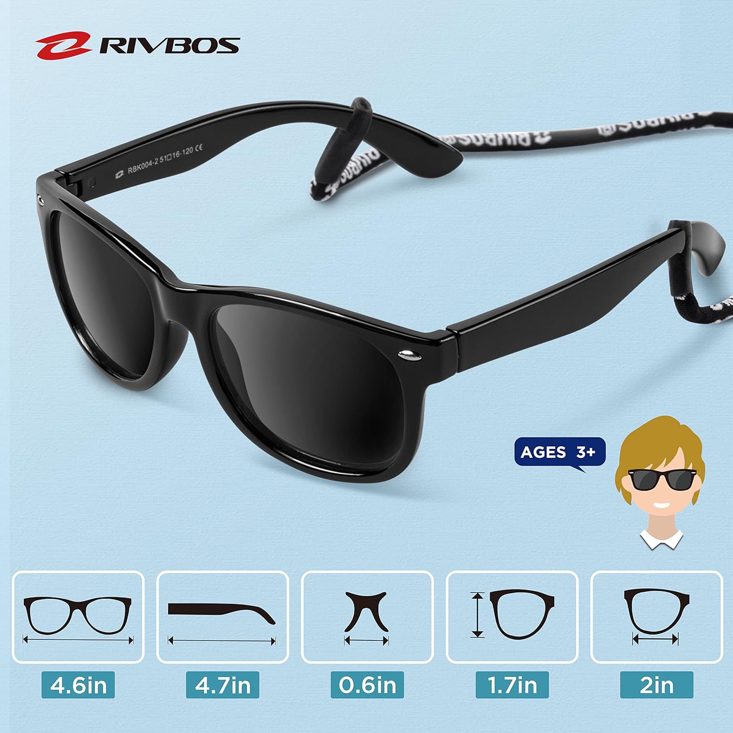 RIVBOS Kids Sunglasses Polarized UV Protection Flexible Rubber Glasses Shades with Strap for Boys Girls RBK004 - Image 5