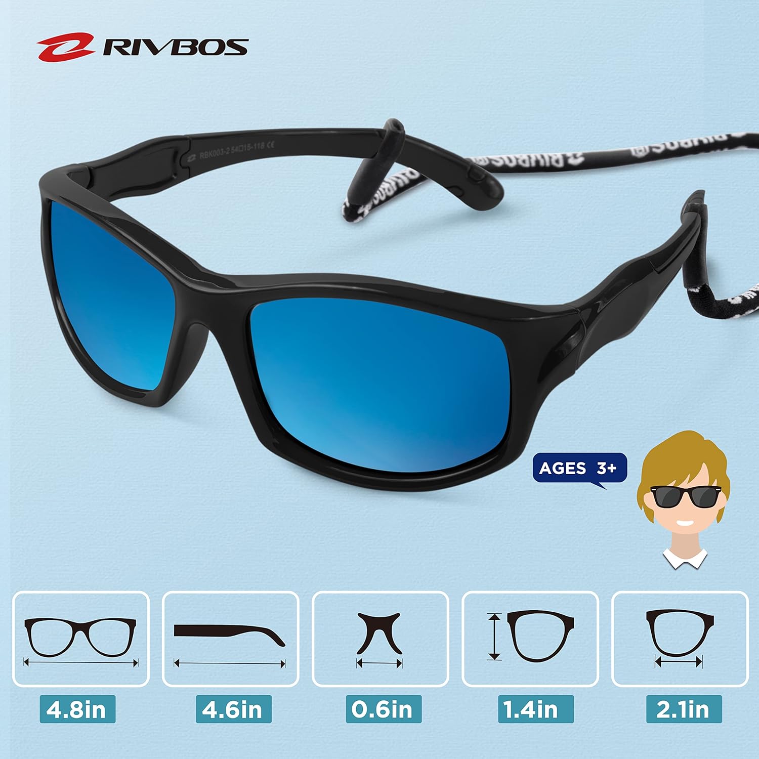 RIVBOS Kids Sunglasses with Strap Polarized UV Protection Flexible Rubber Shades for Boys Girls RBK003 - Image 5