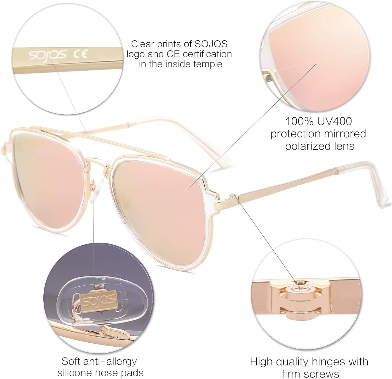 SOJOS Retro Polarized Double Bridge Sunglasses for Men Women Mirrored Lens SJ1051 - Image 4