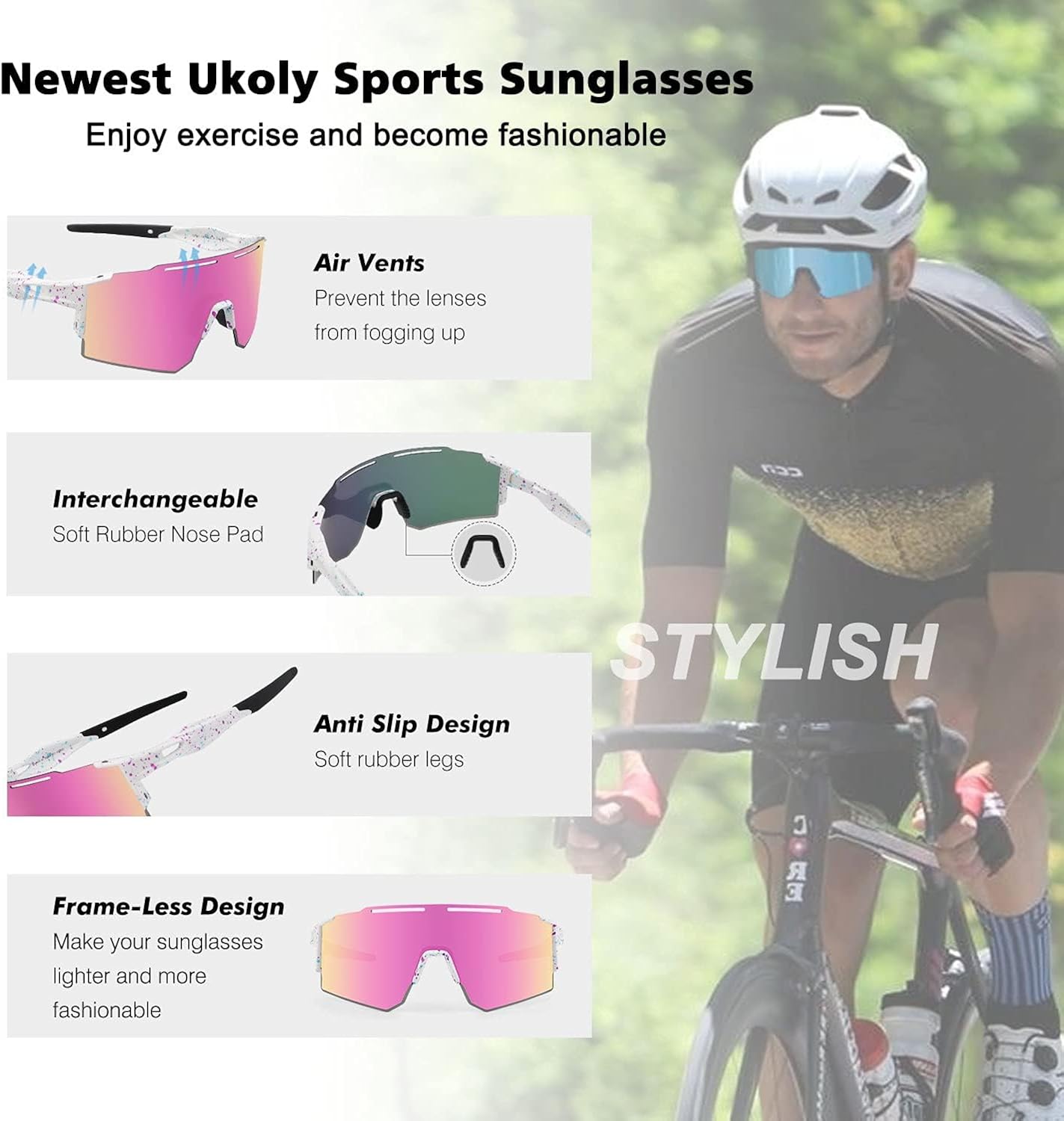 Ukoly Cycling Sunglasses for Men Women with 3 Interchangeable Lenses, Polarized Sports Sunglasses, Baseball Sunglasses - Image 4